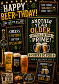 Birthday card with a green chalkboard sign, a beer pump, three glasses of beer and clinking tankards, and the words 'Happy Beer-thday! Time to raise a glass! Another year older... but still in your prime! Cheers to you!'.