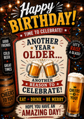 Birthday card with a dark pub-style background, fairy lights, two clinking beer tankards, a barrel and a pint, with the words 'Happy Birthday! Time to celebrate! Another year older... Another reason to celebrate! Eat, drink, be merry'.