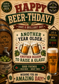 Birthday card with a cream vintage-style background, a barrel, a sack of hops and two clinking beer tankards, and the words 'Happy Beer-thday! Another year older... Another reason to raise a glass!'.