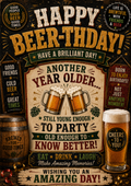 Birthday card with a pub-style dark wooden background, two beer tankards clinking and a pint, and the words 'Happy Beer-thday! Another year older... Still young enough to party, old enough to know better!'.