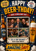 Birthday card in a comic style with a beer bottle and pint and a collage of photos of men enjoying beers, pool and a barbecue, and the words 'Happy Beer-thday! To a top bloke! Enjoy every minute!'.