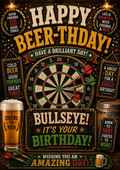 Birthday card with a pub-style dark wooden background, a dartboard with darts, two pints and a barrel, and the words 'Happy Beer-thday! Bullseye! It's your birthday!'.
