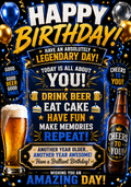 Birthday card on a dark blue background with a pint of beer, a bottle, balloons and gold lettering reading 'Happy birthday! Have an absolutely legendary day! Drink beer, eat cake, have fun, make memories, repeat!'.