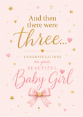 A baby shower congratulations card design with the text 'And then there were three.