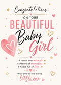 Congratulations on a baby girl with a watercolor pink heart, gold stars, and pink and black text on a cream background.