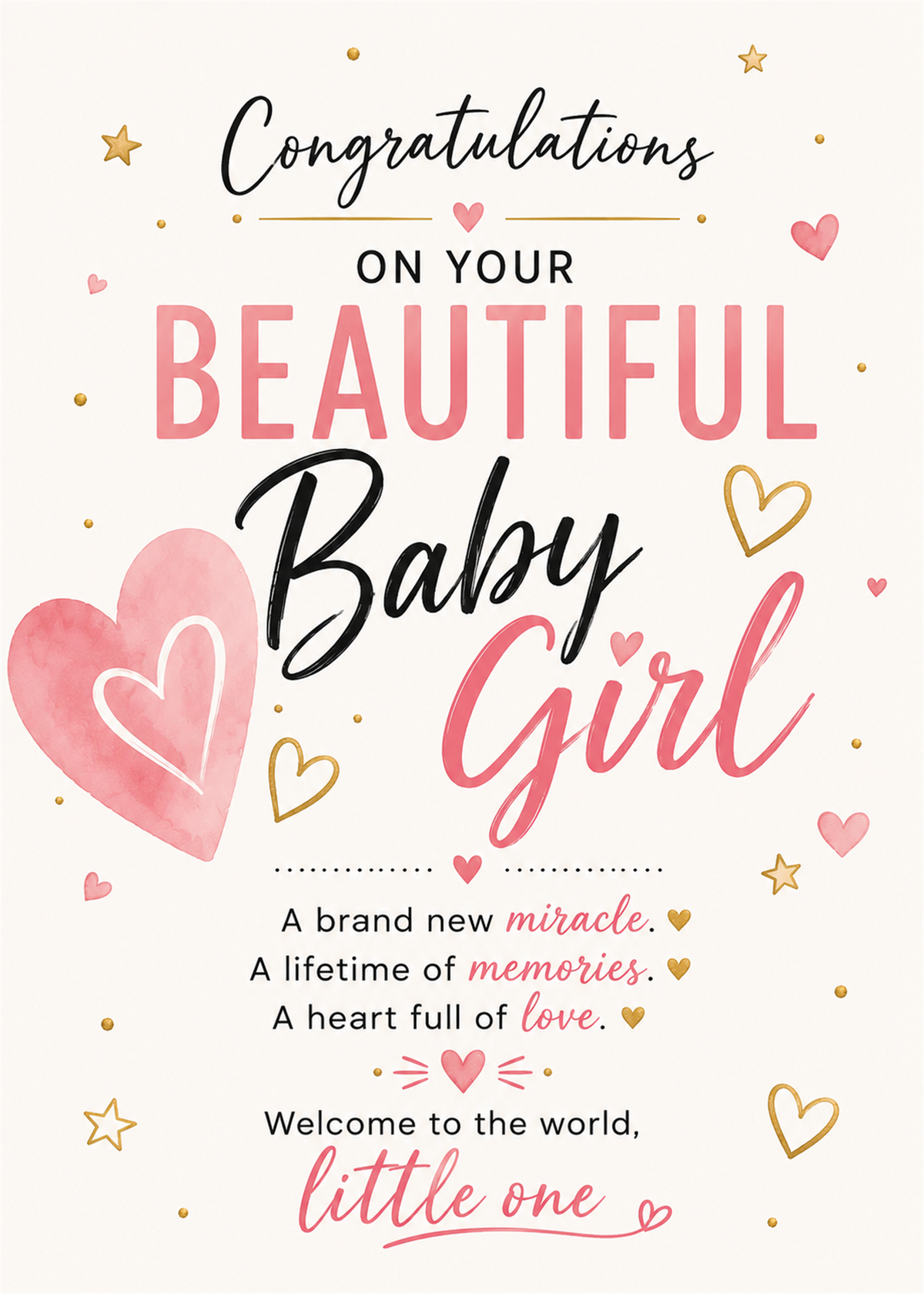 Congratulations on a baby girl with a watercolor pink heart, gold stars, and pink and black text on a cream background.
