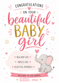 Congratulations on your baby girl card with pink and gold lettering, a cute pink elephant illustration, and a soft pink cloud of blessings on a white background.