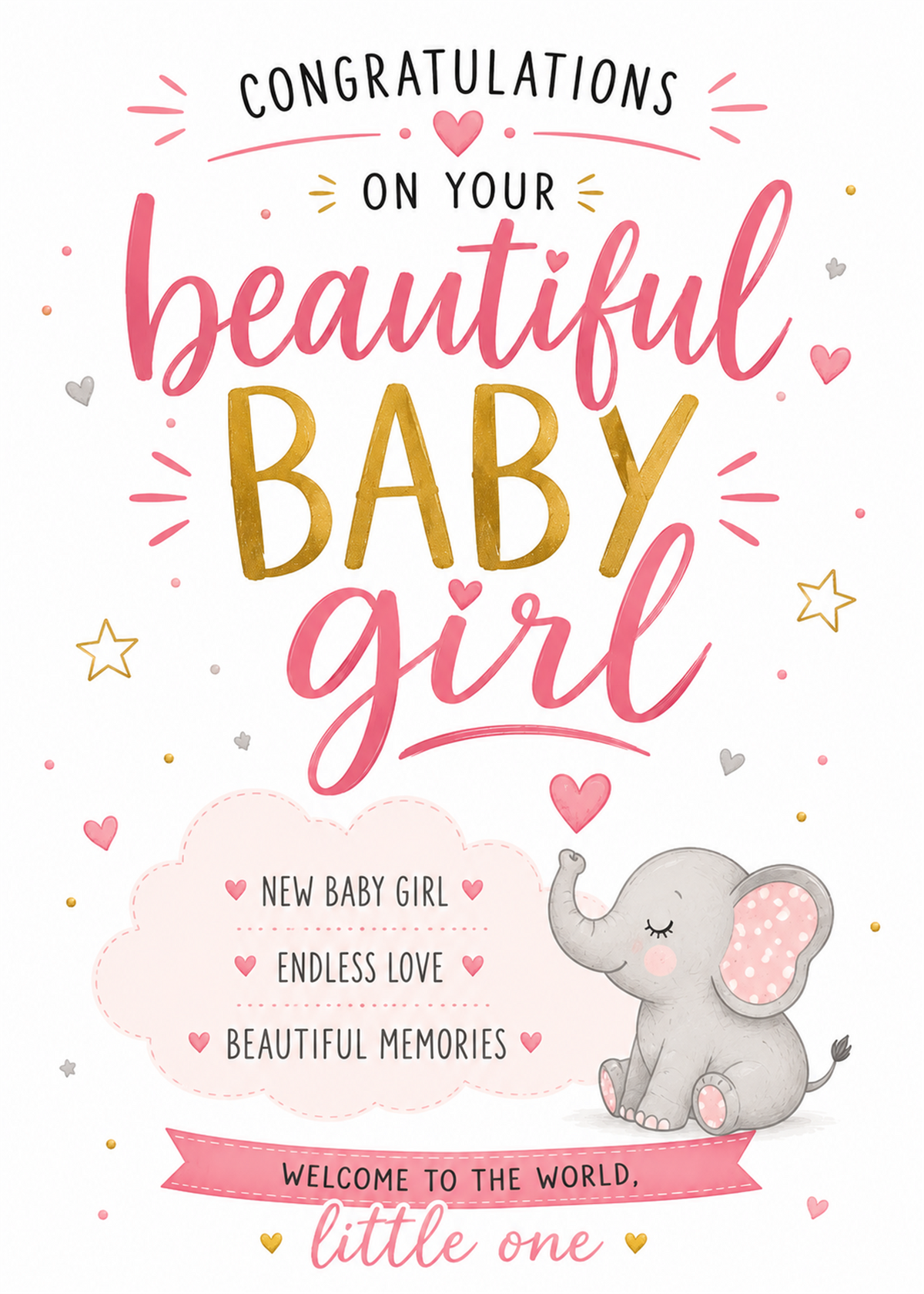 Congratulations on your baby girl card with pink and gold lettering, a cute pink elephant illustration, and a soft pink cloud of blessings on a white background.