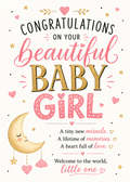 Congratulations on your beautiful baby girl card with a cute nursery theme. The card features a cream background decorated with pink hearts, gold stars, and a smiling crescent moon illustration.