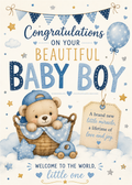 Congratulations baby boy card featuring a teddy bear in a basket, blue stars, clouds, and balloons with decorative text reading 'Congratulations on your beautiful baby boy' and 'Welcome to the world, little one'.