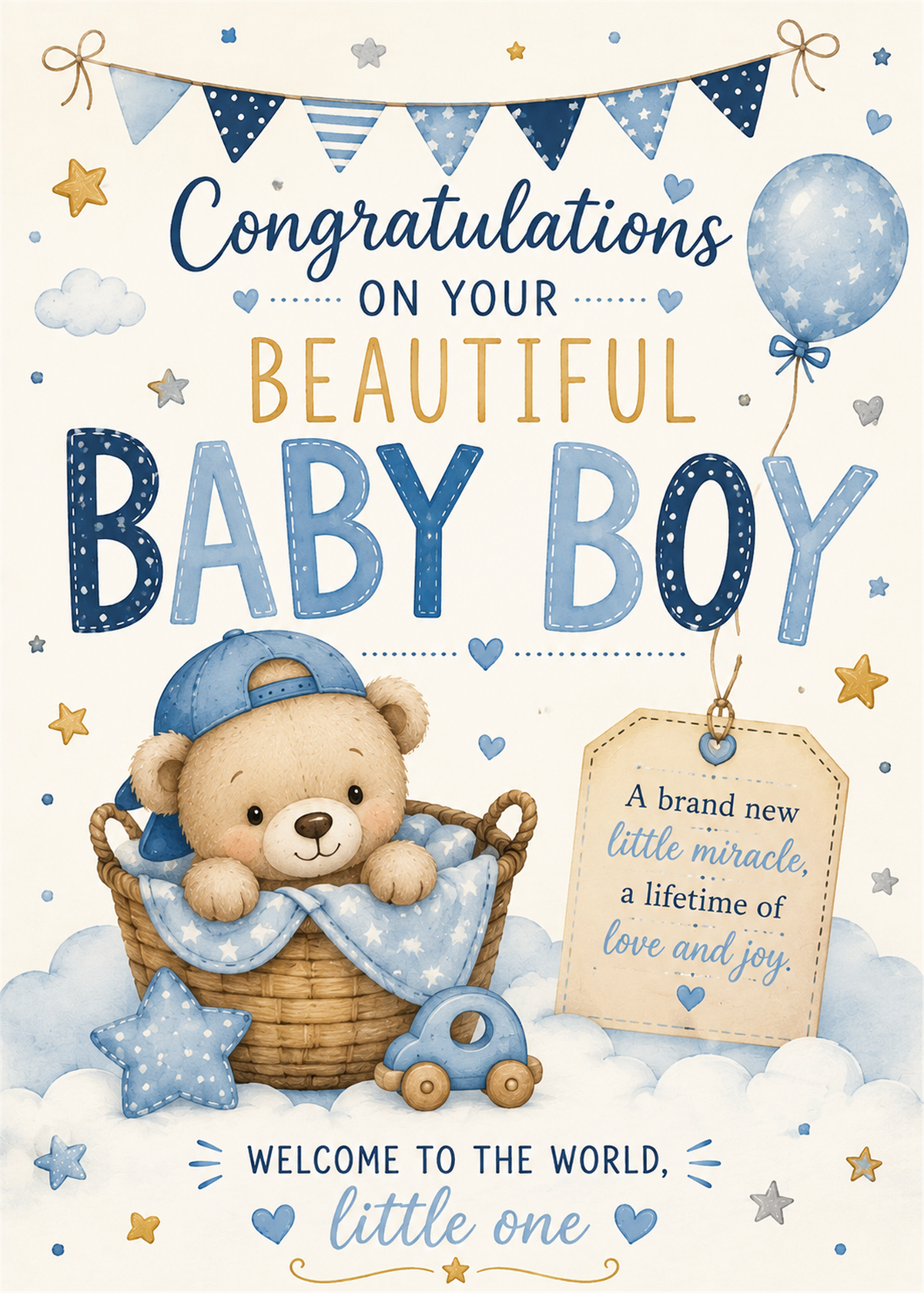 Congratulations baby boy card featuring a teddy bear in a basket, blue stars, clouds, and balloons with decorative text reading 'Congratulations on your beautiful baby boy' and 'Welcome to the world, little one'.