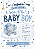 Congratulations on your baby boy card featuring a cute watercolor illustration of a baby elephant in a blue star-patterned nightcap sitting on a fluffy white cloud. The card has a white background decorated with blue and gold stars, hearts, and banners that read 'Congratulations on your beautiful BABY BOY' and 'Welcome to the world, little one'.