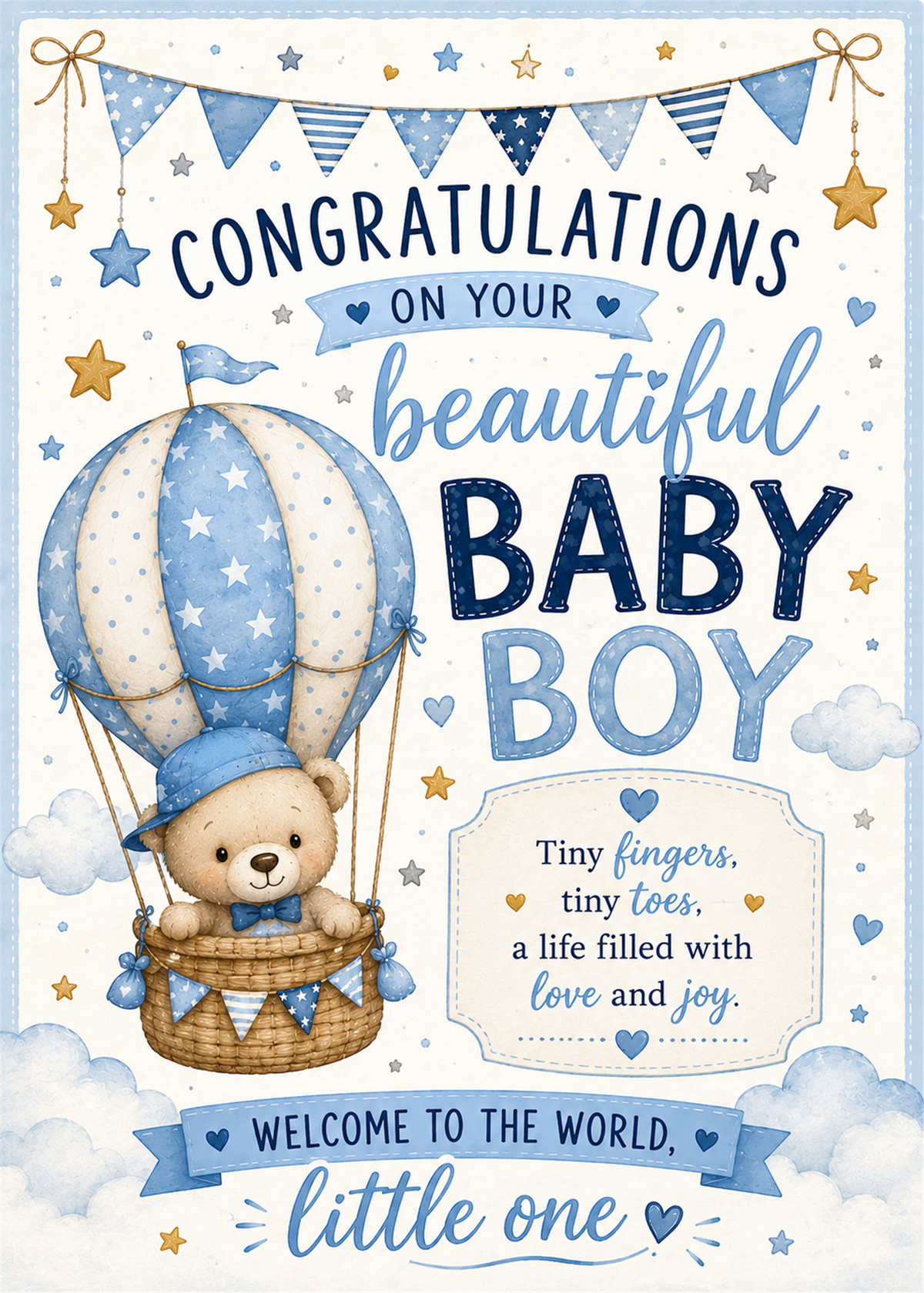 A baby shower congratulations card featuring a teddy bear in a hot air balloon basket, with blue and white text reading 'Congratulations on your beautiful baby boy' and 'Welcome to the world, little one'.