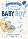 Congratulations on your baby boy card featuring a cute illustration of a teddy bear sleeping on a crescent moon, with blue and white polka dots, stars, and a smiling teddy bear wearing a blue starry bonnet. The text reads 'CONGRATULATIONS ON YOUR beautiful BABY BOY' and 'WELCOME TO THE WORLD, little one'.