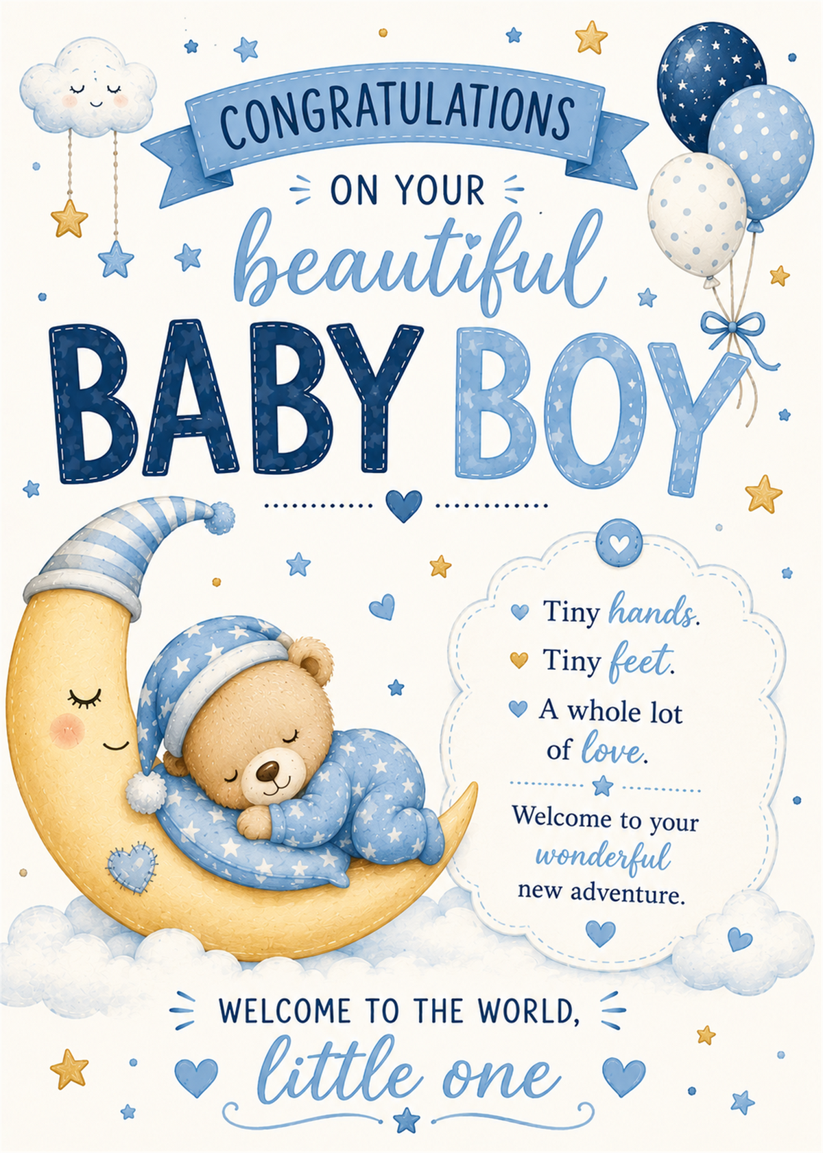 Congratulations on your baby boy card featuring a cute illustration of a teddy bear sleeping on a crescent moon, with blue and white polka dots, stars, and a smiling teddy bear wearing a blue starry bonnet. The text reads 'CONGRATULATIONS ON YOUR beautiful BABY BOY' and 'WELCOME TO THE WORLD, little one'.