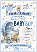 A baby shower congratulations card for a baby boy, featuring blue and white illustrations of a bassinet, teddy bear, baby clothes, socks, elephant, stars, and banners with text reading 'Congratulations on your beautiful Baby Boy' and 'Welcome to the world little one'.