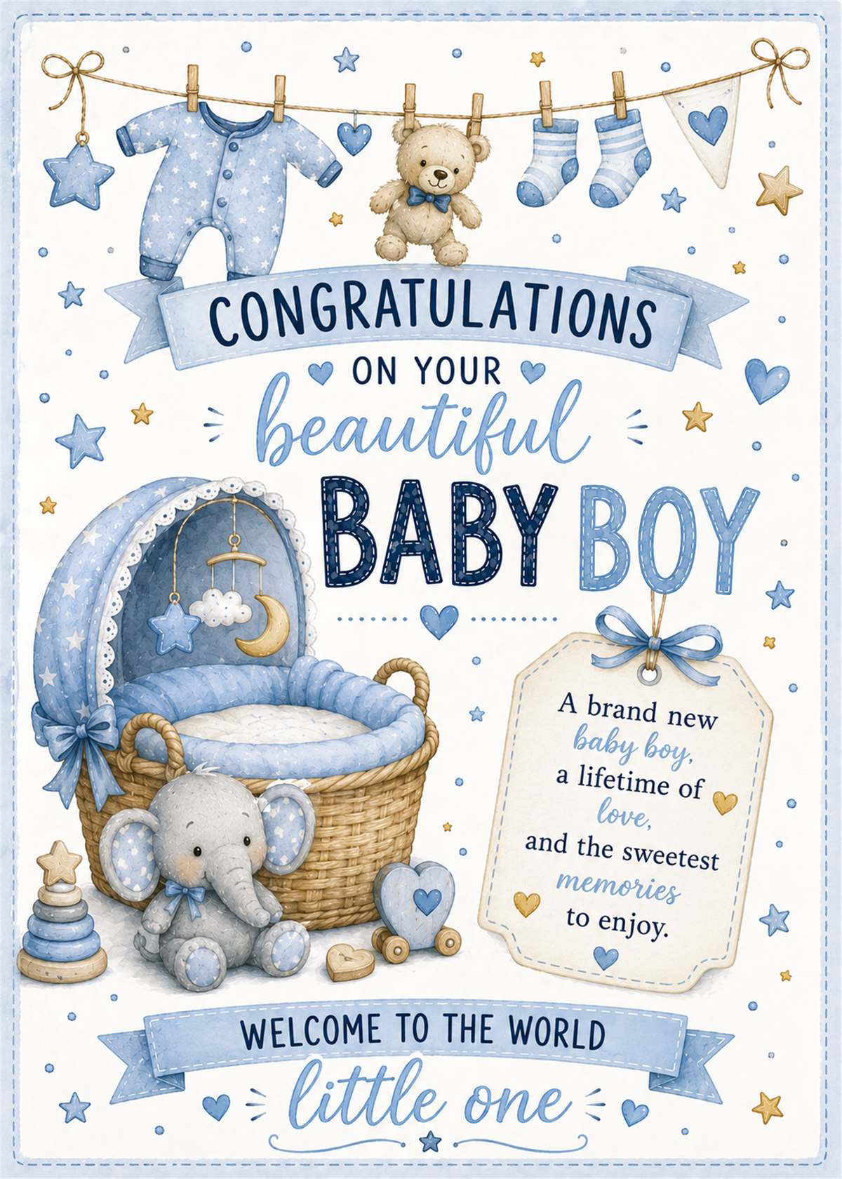 A baby shower congratulations card for a baby boy, featuring blue and white illustrations of a bassinet, teddy bear, baby clothes, socks, elephant, stars, and banners with text reading 'Congratulations on your beautiful Baby Boy' and 'Welcome to the world little one'.