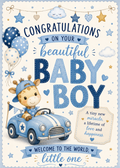 A decorative baby shower congratulations sign or print with a cream background, blue scalloped border, and playful typography reading 'Congratulations on your beautiful baby boy.' The design includes blue balloons, stars, hearts, a cartoon giraffe driving a blue car, and a small quote box.