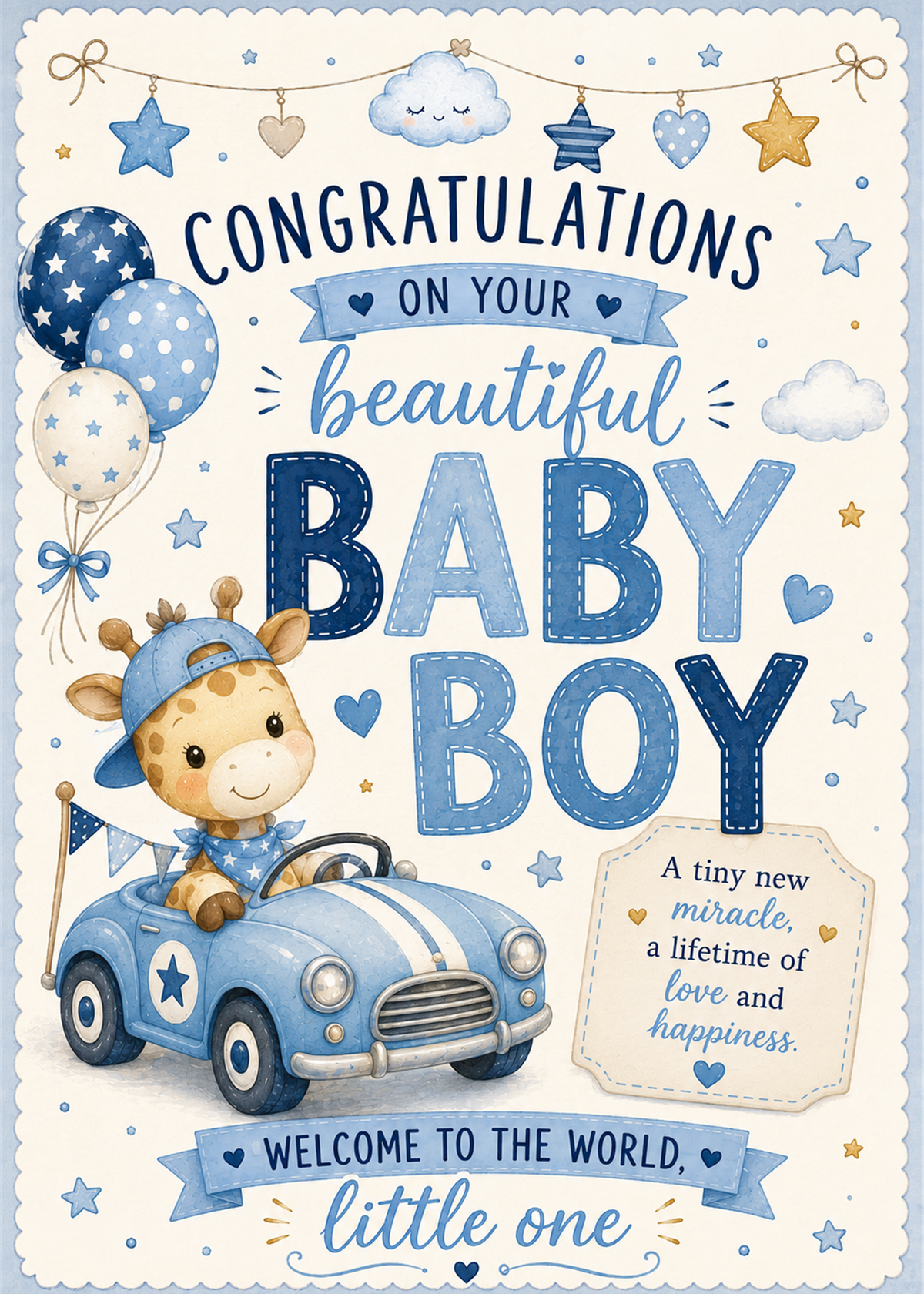 A decorative baby shower congratulations sign or print with a cream background, blue scalloped border, and playful typography reading 'Congratulations on your beautiful baby boy.' The design includes blue balloons, stars, hearts, a cartoon giraffe driving a blue car, and a small quote box.