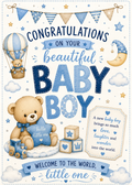 A baby shower congratulations card with a blue and cream theme, featuring a teddy bear, hot air balloon, crescent moon, stars, clouds, and decorative text reading 'Congratulations on your beautiful baby boy' and 'Welcome to the world, little one'.