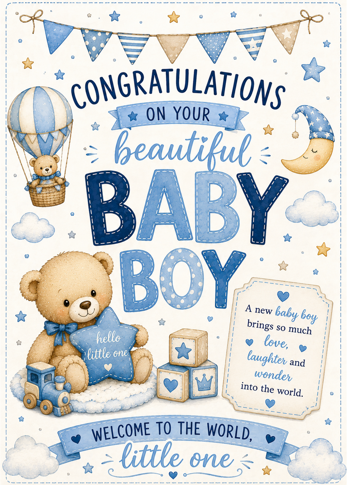 A baby shower congratulations card with a blue and cream theme, featuring a teddy bear, hot air balloon, crescent moon, stars, clouds, and decorative text reading 'Congratulations on your beautiful baby boy' and 'Welcome to the world, little one'.