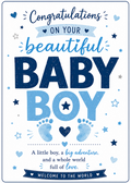 A square baby shower congratulations card with blue and light blue text reading 'Congratulations on your beautiful baby boy' and 'Welcome to the world,' decorated with hearts, stars, and baby footprints on a white background.