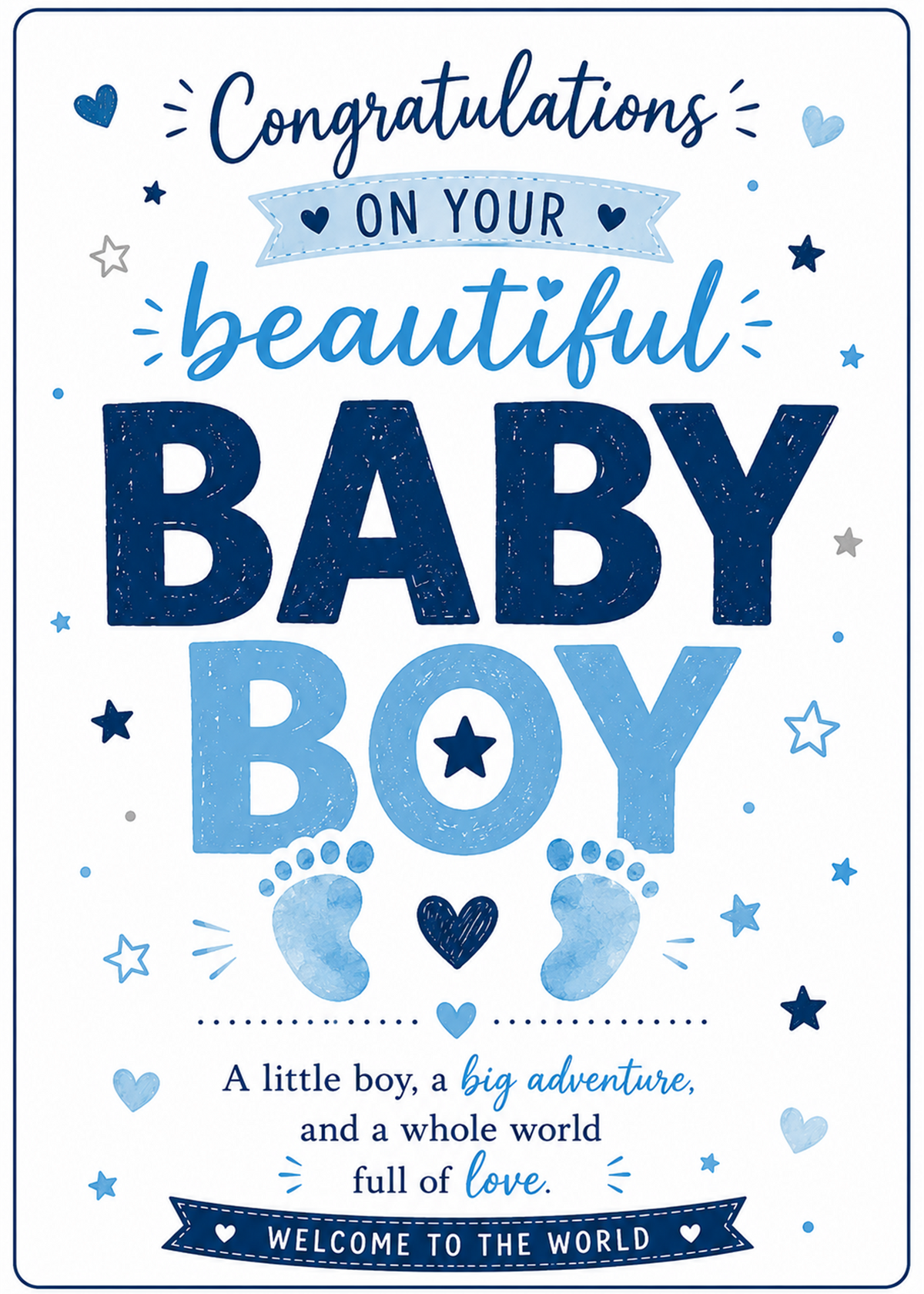 A square baby shower congratulations card with blue and light blue text reading 'Congratulations on your beautiful baby boy' and 'Welcome to the world,' decorated with hearts, stars, and baby footprints on a white background.