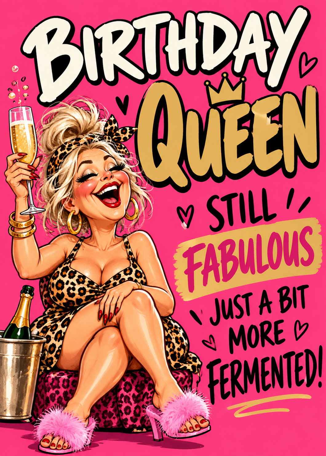 Birthday card on hot pink with a laughing cartoon woman in a leopard print dress and fluffy slippers raising a glass of champagne beside an ice bucket, with the words 'Birthday Queen. Still fabulous. Just a bit more fermented!'.