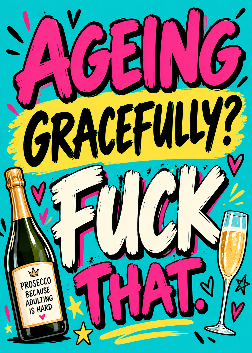 Card with a teal background, a prosecco bottle labelled 'Prosecco because adulting is hard' and a glass of bubbles, with the words 'Ageing gracefully? F*** that.'.