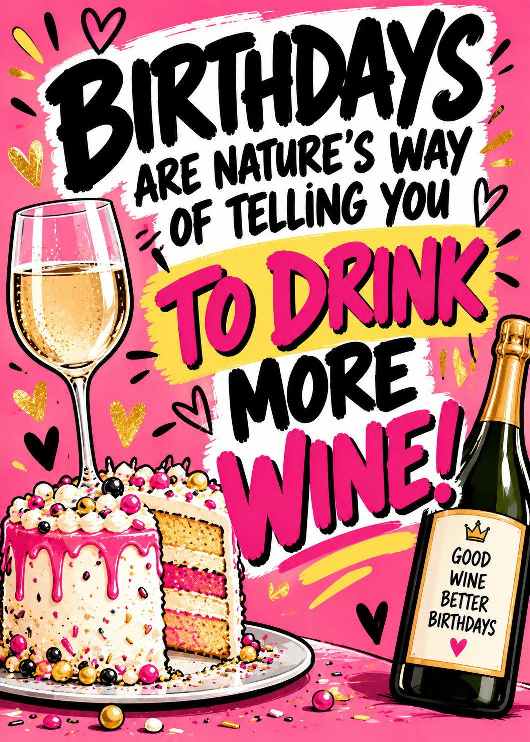 Birthday card with a pink background, a slice of cake, a glass of champagne and a bottle, with the words 'Birthdays are nature's way of telling you to drink more wine!'.