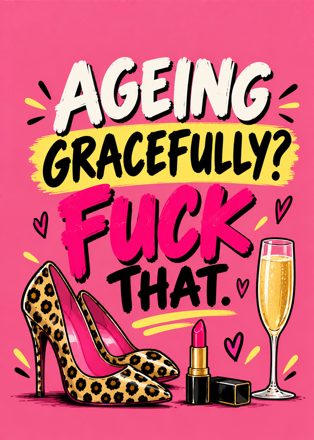 Card with a pink background, leopard print high heels, a lipstick and a glass of champagne, with the words 'Ageing gracefully? F*** that.'.