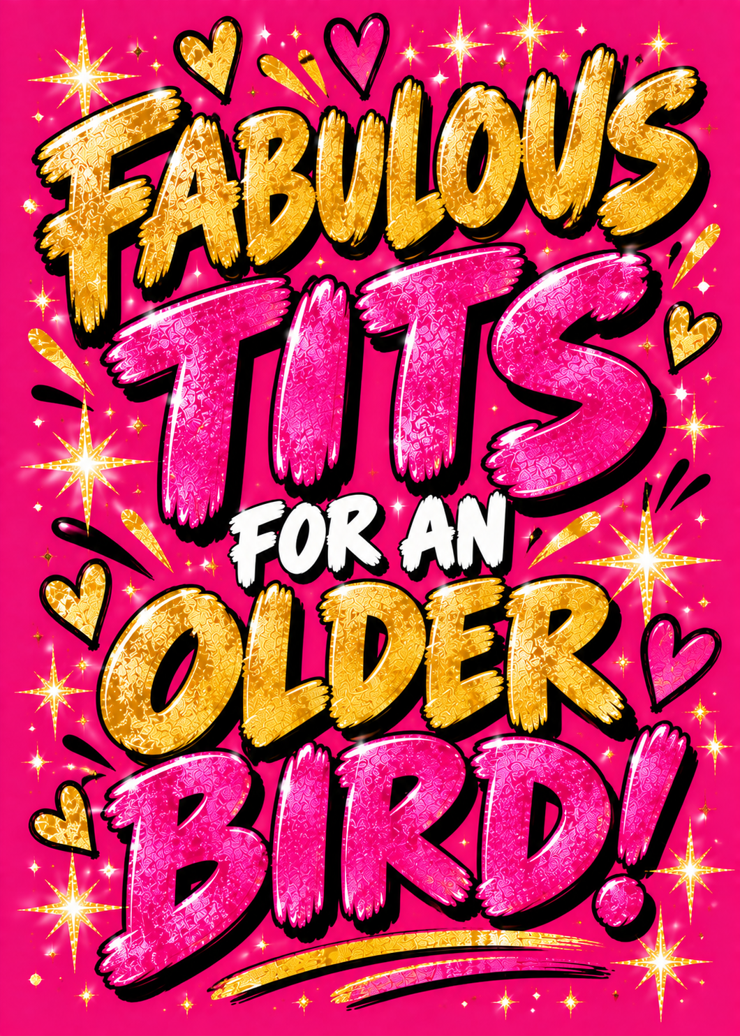 Card with a hot pink background, gold sparkles and glittery lettering reading 'Fabulous t**s for an older bird!'.