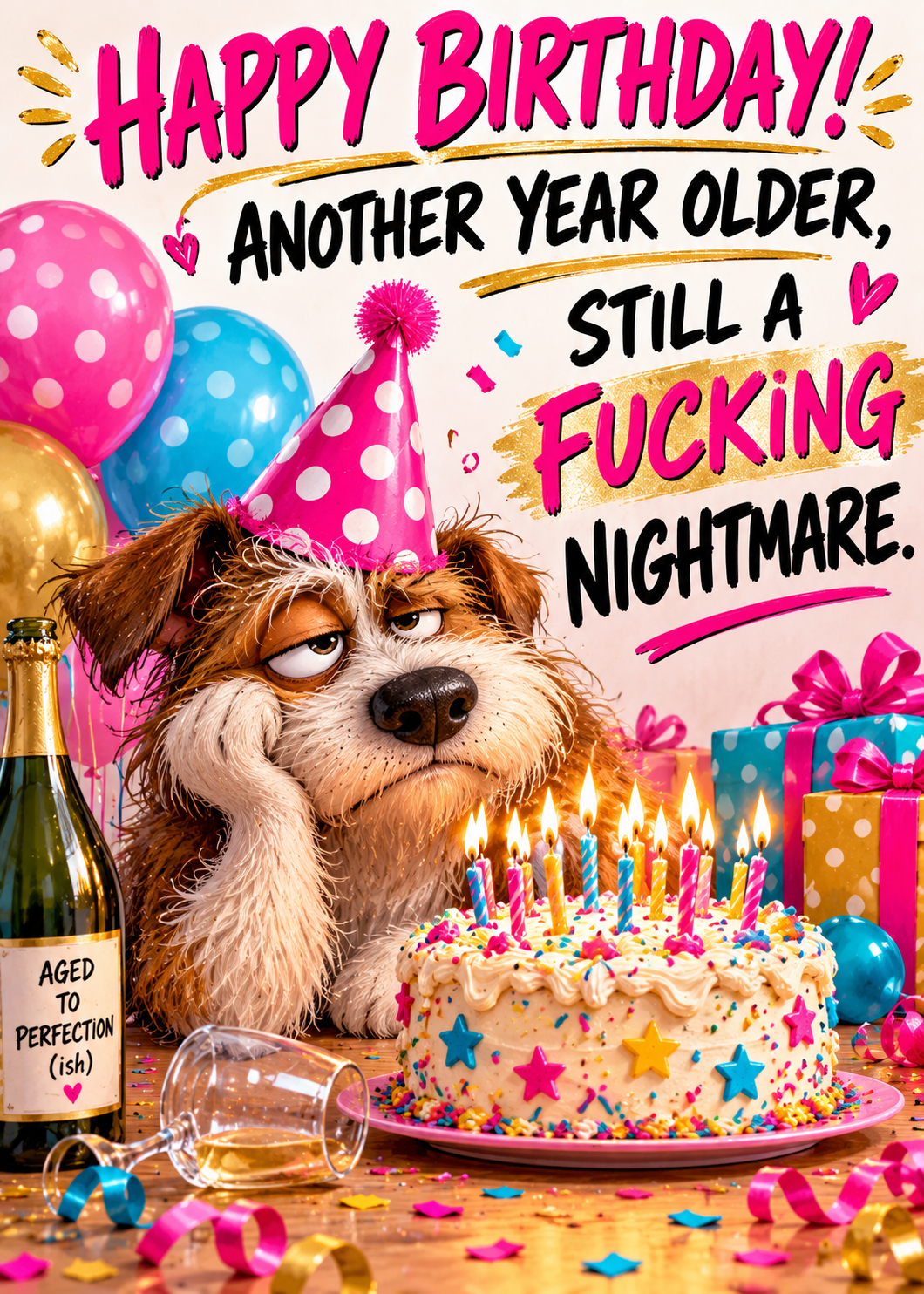 Birthday card with a grumpy cartoon dog in a pink party hat resting its chin beside a lit birthday cake, balloons and champagne, with the words 'Happy Birthday! Another year older, still a f***ing nightmare'.