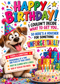 Birthday card with a cartoon dog with its tongue out in a party hat holding a joke voucher beside a birthday cake and gifts, with the words 'Happy Birthday! I couldn't decide what to get you, so here's a voucher for something unforgettable'.