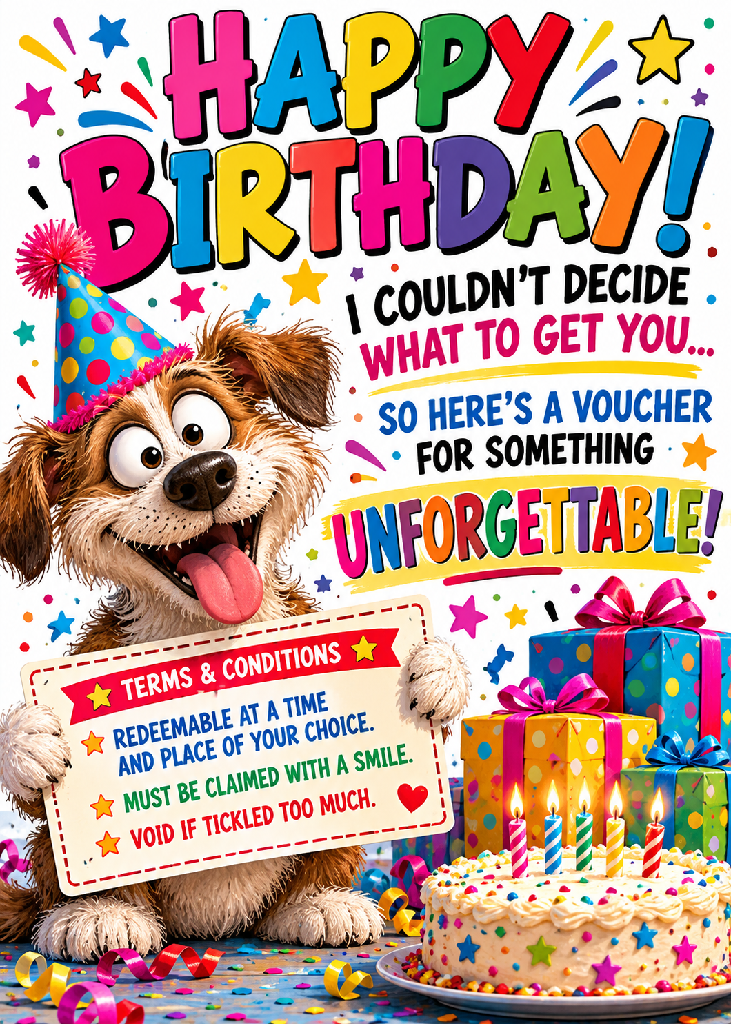 Birthday card with a cartoon dog with its tongue out in a party hat holding a joke voucher beside a birthday cake and gifts, with the words 'Happy Birthday! I couldn't decide what to get you, so here's a voucher for something unforgettable'.