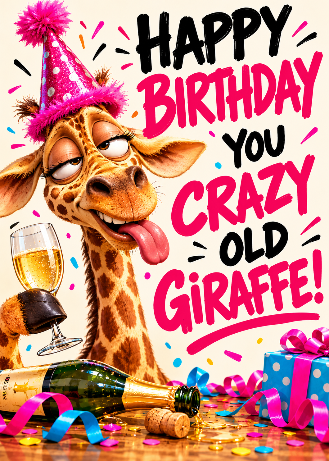 Birthday card with a tipsy cartoon giraffe with its tongue out in a pink party hat holding a champagne glass beside an empty bottle and a gift, with the words 'Happy Birthday you crazy old giraffe!'.