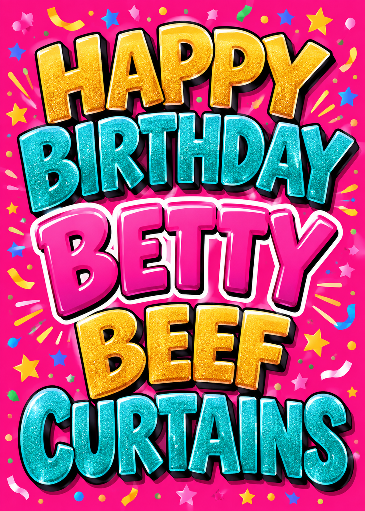 Birthday card with a hot pink confetti background and large glittery gold and teal lettering reading 'Happy Birthday Betty Beef Curtains'.