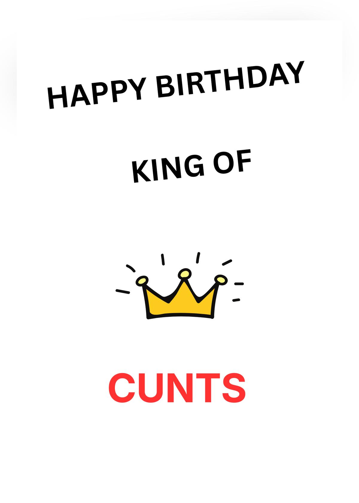Birthday card on a white background with a yellow cartoon crown and the words 'Happy Birthday king of c***s'.