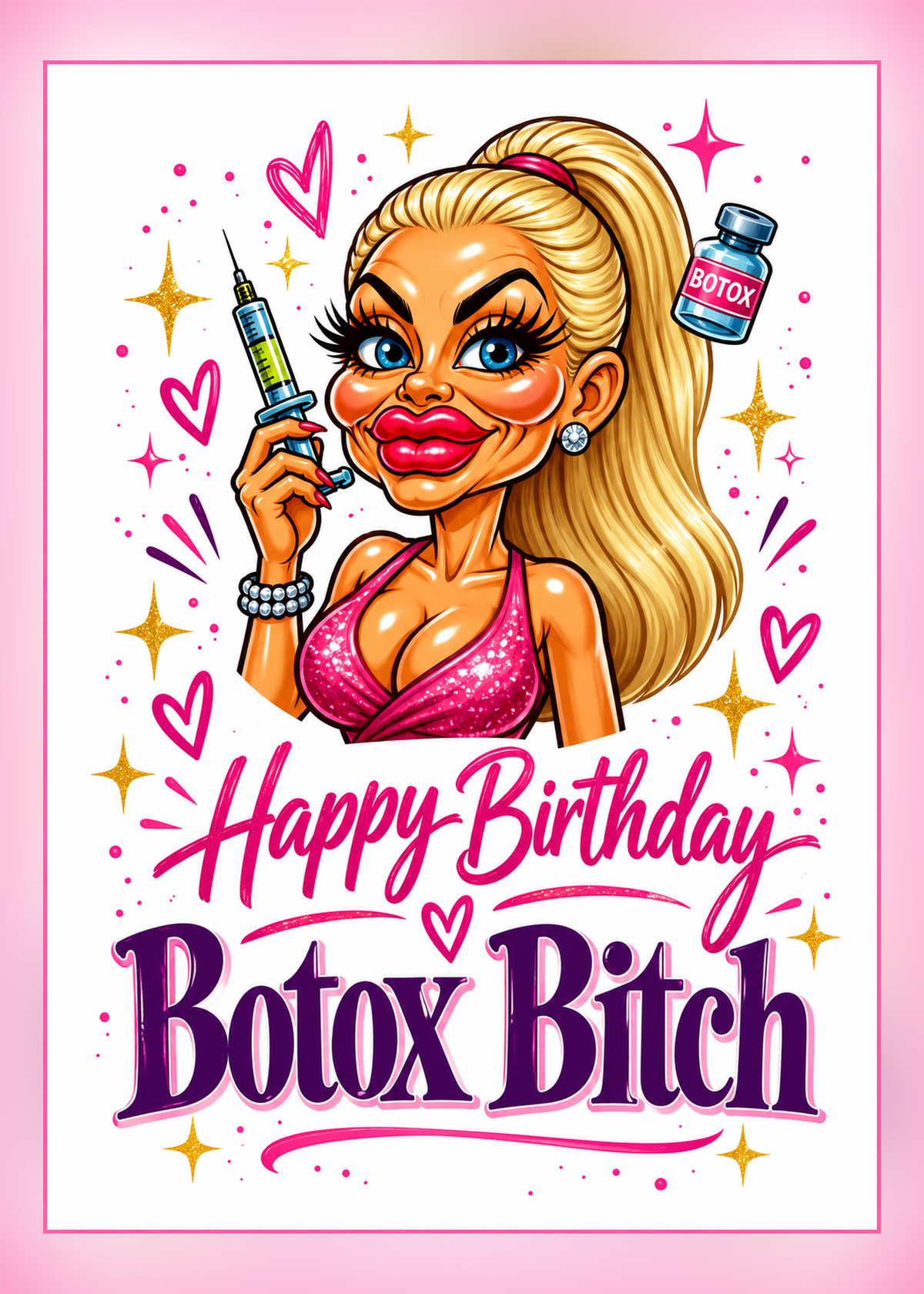 Birthday card with a cartoon blonde woman with large lips holding a syringe and a Botox bottle, framed by pink hearts and sparkles, with the words 'Happy Birthday Botox B***h'.