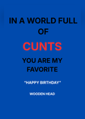 Birthday card on a bright blue background with black and red lettering reading 'In a world full of c***s you are my favorite, Happy Birthday, wooden head'.
