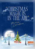 Christmas card with a navy night sky, full moon, Santa's sleigh, a lit Christmas tree and lamp posts in the snow, with the words 'Christmas magic is in the air, Merry Christmas'.