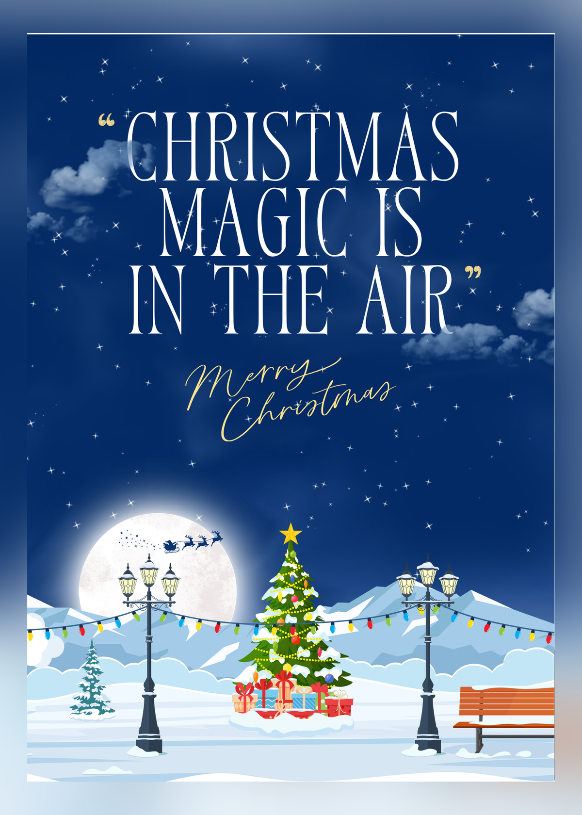 Christmas card with a navy night sky, full moon, Santa's sleigh, a lit Christmas tree and lamp posts in the snow, with the words 'Christmas magic is in the air, Merry Christmas'.