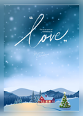 Christmas card with a blue snowy sky, a red cottage and a decorated tree, with the words 'The true spirit of Christmas is love, Merry Christmas'.