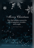 Christmas card with a dark starry background and silver snowflakes, with the words 'Merry Christmas. May this holiday season be full of surprises, wonder, and magic'.