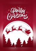 Red Christmas card with white script reading 'Merry Christmas' and Santa's sleigh and reindeer silhouetted against a white moon over fir trees.
