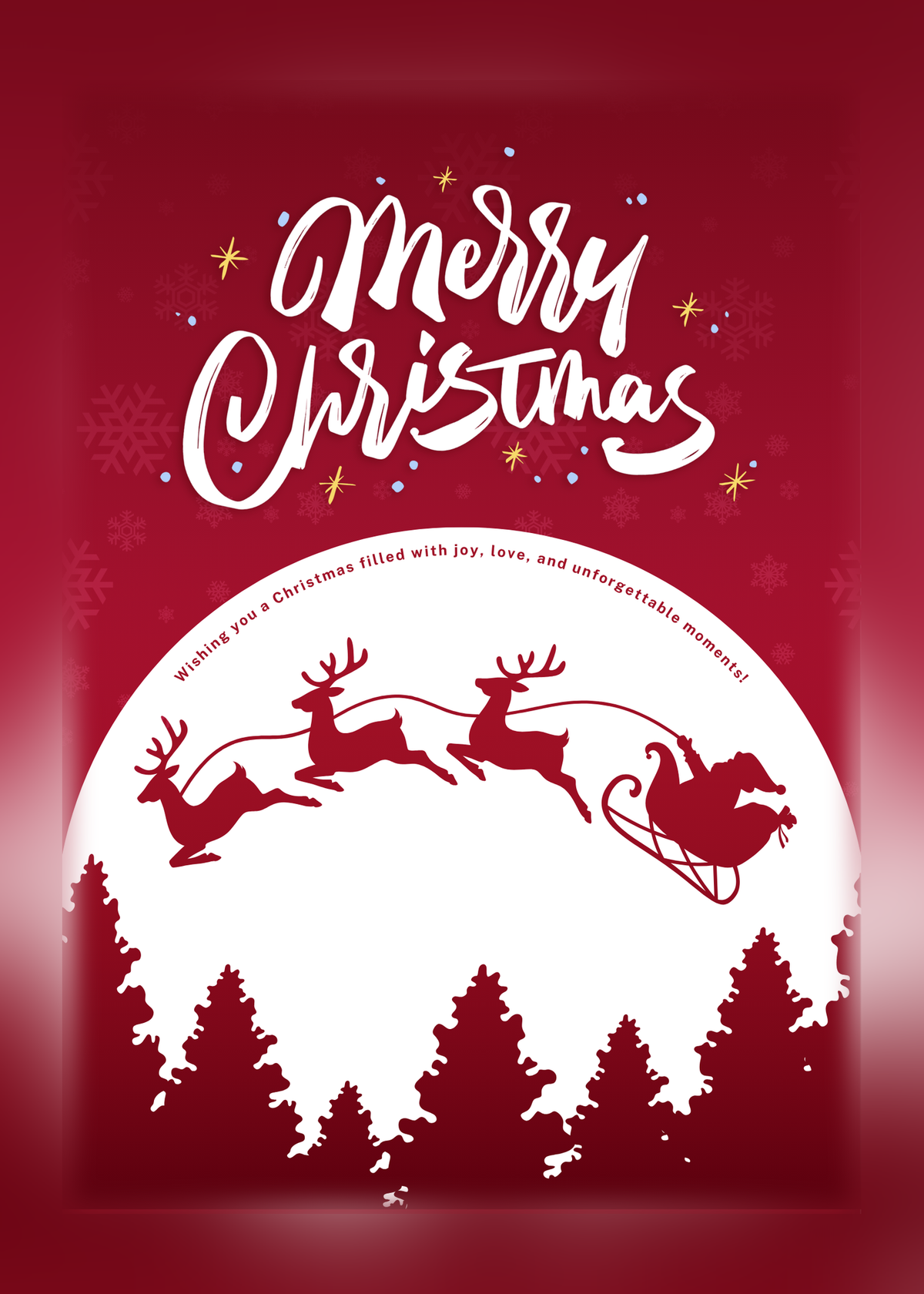 Red Christmas card with white script reading 'Merry Christmas' and Santa's sleigh and reindeer silhouetted against a white moon over fir trees.