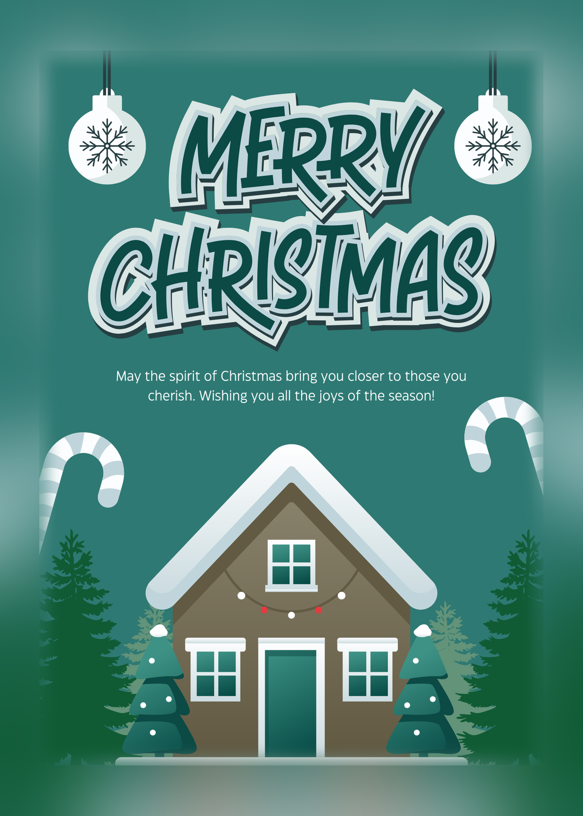 Christmas card with a teal background, a snow-covered cottage, candy canes and snowflake baubles, with the words 'Merry Christmas. May the spirit of Christmas bring you closer to those you cherish'.