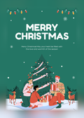 Christmas card with a green background and an illustration of three people unwrapping presents by a decorated tree with two reindeer, with the words 'Merry Christmas! May your heart be filled with the love and warmth of the season'.