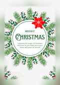 Christmas card with a white background, a circular wreath of fir branches, red berries and a red poinsettia, with the words 'Merry Christmas. Celebrate the magic of Christmas with love in your heart, joy in your home and peace all around'.