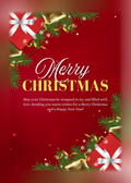 Red Christmas card with wrapped presents, pine branches and gold ribbon, and the words 'Merry Christmas. May your Christmas be wrapped in joy and filled with love'.